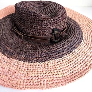 Juicy Couture Floppy Straw Hat 🥰 Chocolate Brown & Peachy Nude Pink w/ Leather